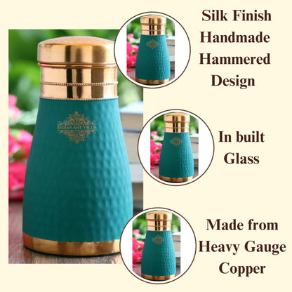 INDIAN ART VILLA Pure Copper Bedroom Water Bottle with Inbuilt Glass, Green Silk Finish Hammered Design, Drinkware & Storage Purpose - Volume - 1 litre (Pack of 2)