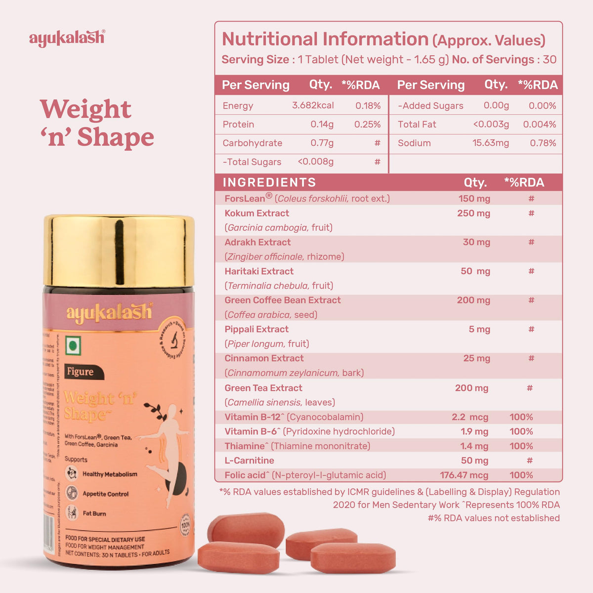 Ayukalash Weight ‘n’ Shape Tablets (30) – L-Carnitine, Garcinia, Green Tea & Green Coffee, Vegan – Men & Women