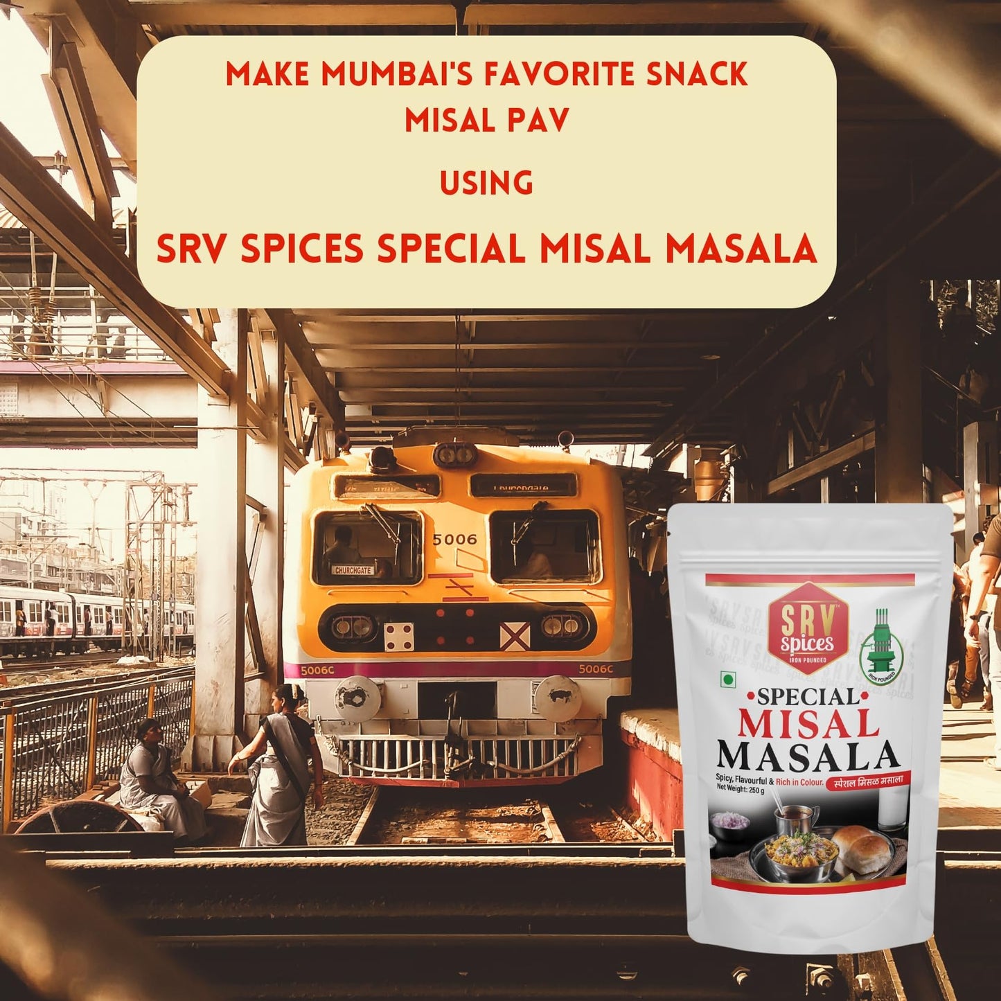 SRV Spices Special Misal Masala | Strong & Aromatic Blend | Rich Color & Spicy Flavor | Iron Pounded with LTG (Low Temperature Grinding) | Authentic Mix Masala for Misal | 250g Pack