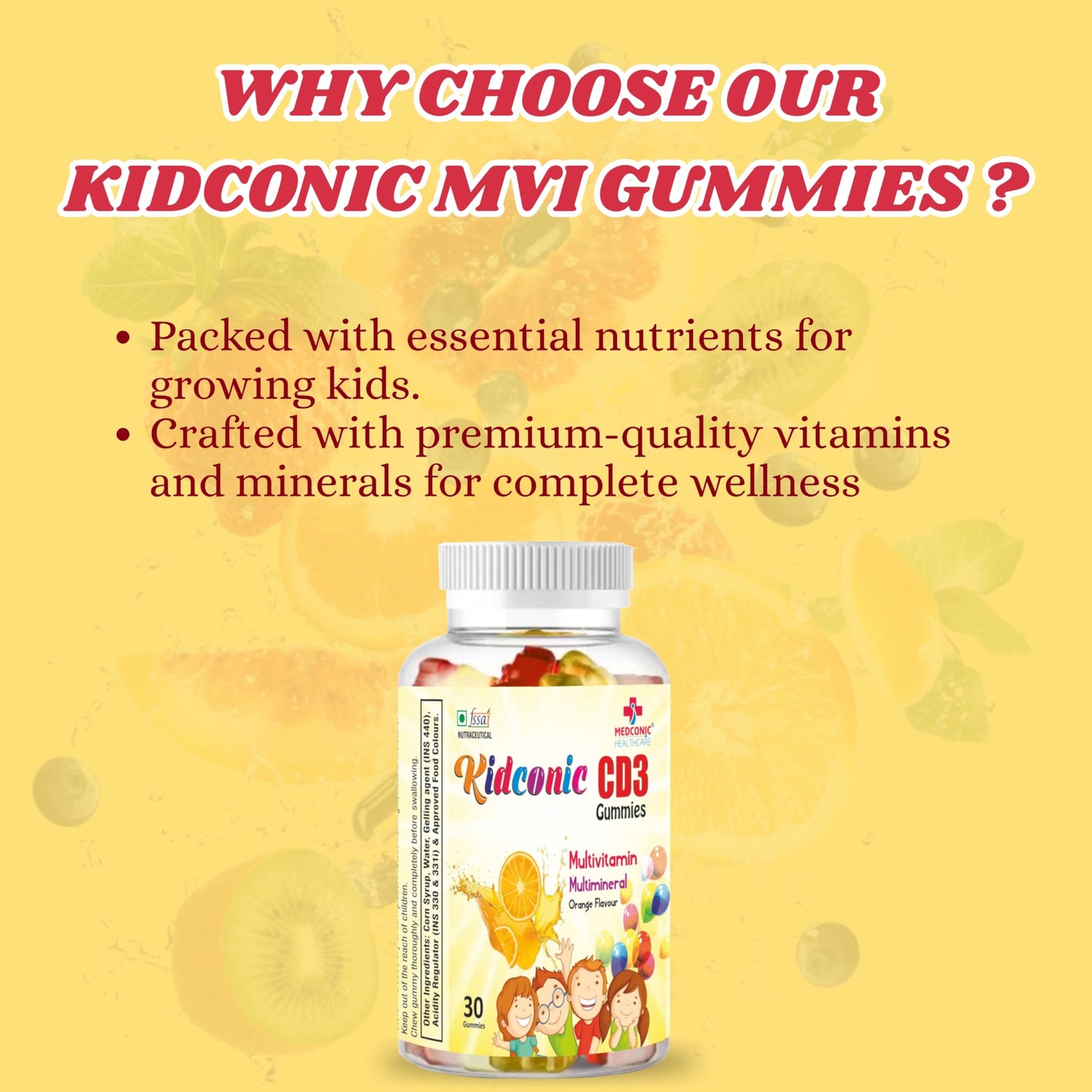 Medconic Healthcare Kidconic CD3 Gummies – 30 Gummies | Multivitamin Supplement for Kids with Vitamins C, D3, A, E, Zinc & Folic Acid | Immunity & Growth Support
