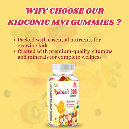 Medconic Healthcare Kidconic CD3 Gummies – 30 Gummies | Multivitamin Supplement for Kids with Vitamins C, D3, A, E, Zinc & Folic Acid | Immunity & Growth Support