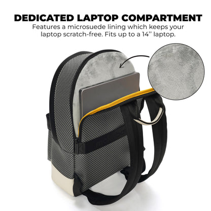 MOKOBARA The Kickstreet 3 Compartment Backpack 21L Water-Resistant Vegan Leather with Signature Monogram Pattern Multipurpose Daypack 14" Laptop Bag with Luggage Sleeve (Mokogram - Black Sesame)