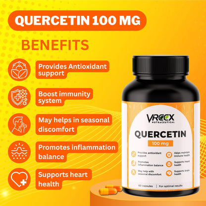 VREEX Quercetin 100 mg – Natural Bioflavonoid for Immune Support, Antioxidant Protection, Healthy Inflammatory Response & Heart Health (60 Capsules)