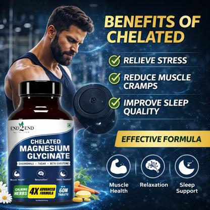 End2End Nutrition Magnesium Glycinate with Chamomile, Tagar, Beta Carotine and Vitamin B6 | High Absorption Magnesium Supplement Supports Better Sleep & Muscle Recovery - (Pack of 2) 120 Tablets
