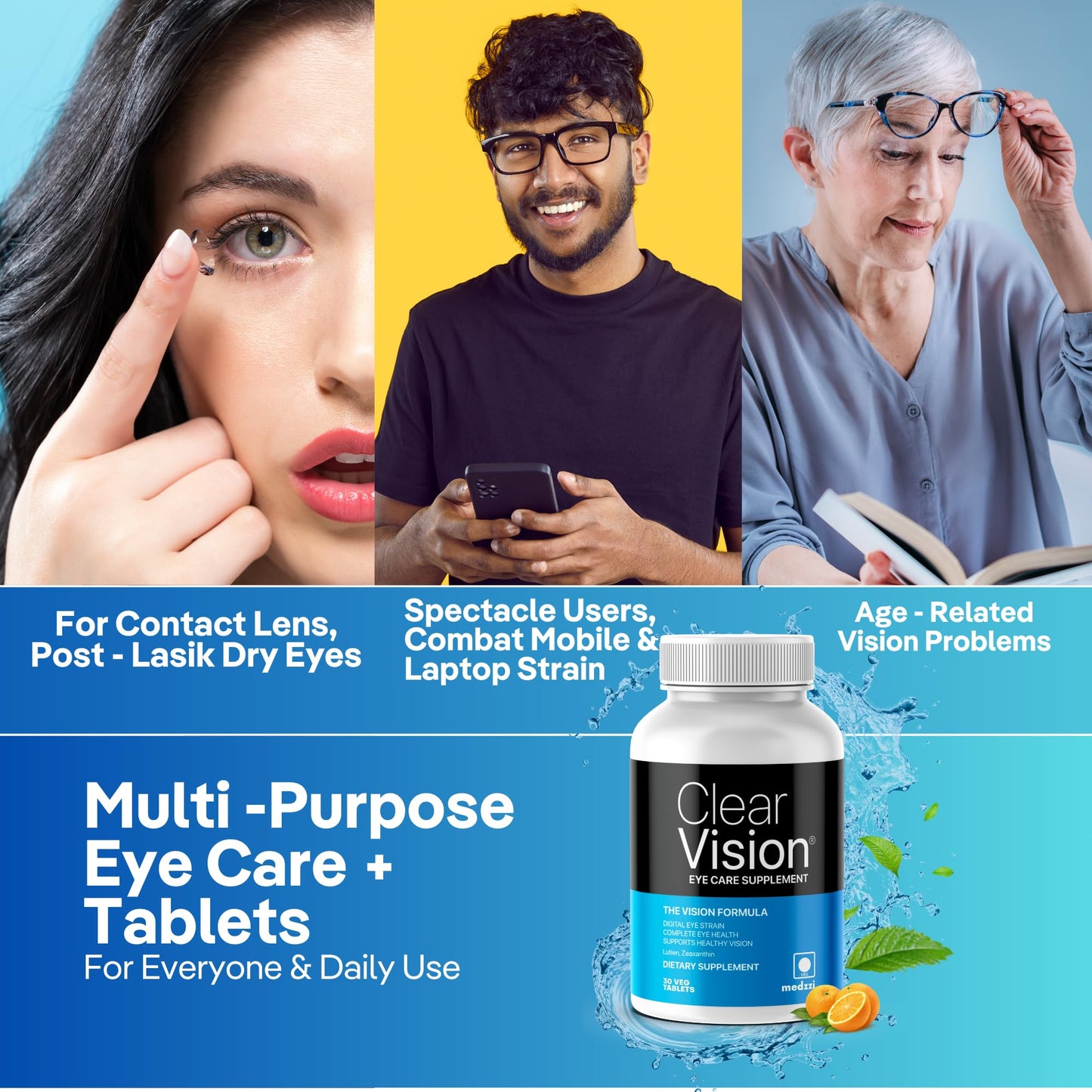 Medzzi Clear Vision Eye Care Tablets | Lutein, Zeaxanthin, Bilberry, Astaxanthin | Digital Eye Strain, Dry Eyes & Blue Light Support | Daily Eye Multivitamin | 30 Veg Tablets