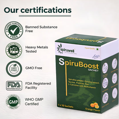 SpiruBoost Daily Energy & Immunity Drink | Herbal Supplement | Orange Flavored | Sugar-Free | Plant-Based | Protein + Electrolytes | 5g Sachet (pack of 1)