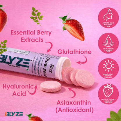 BLYZE Rizz Glow 3000 Glutathione Effervescent Tablets for Clear, Glowing and Youthful Skin – 500mg Glutathione with Hyaluronic Acid, No Sugar, No Maltodextrin – Pack of 1 (15 Tablets) Strawberry Flavor