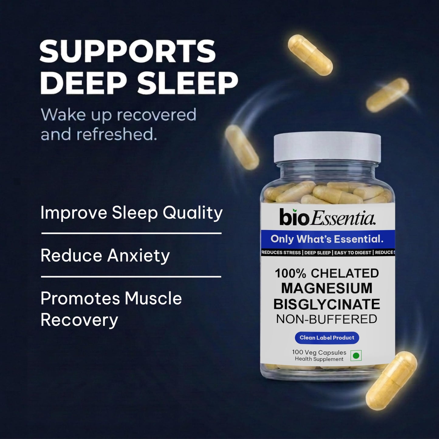 BioEssentia Magnesium Bisglycinate 1200 mg per Serving | 100% Chelated, Non-Buffered Magnesium Supplement | High Absorption | Supports Sleep, Stress & Muscle Recovery | 100 Veg Capsules