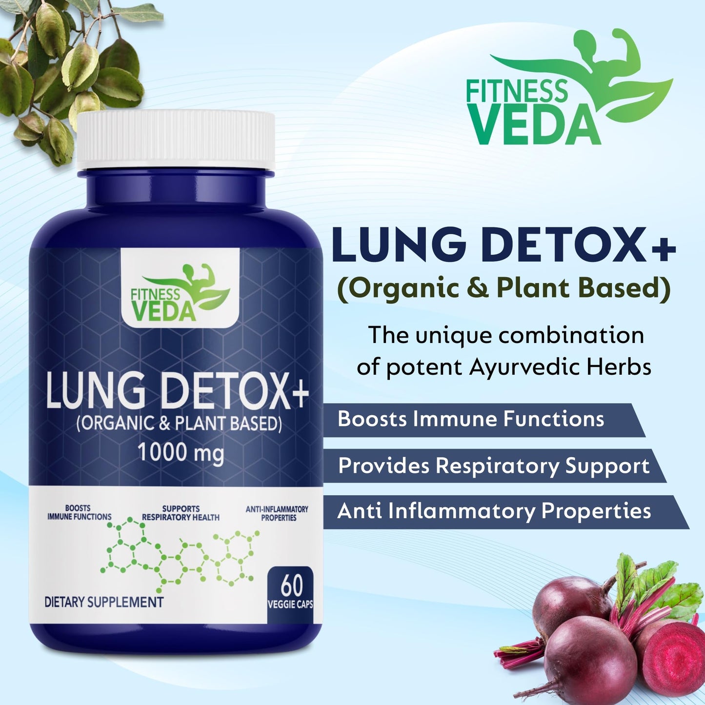 FITNESSVEDA Lung Detox+ Supplement | Respiratory Wellness & Immune Support |Organic & Plant Based | Clears Congestion, Supports Breathing Comfort, Improves Lung Health & Daily Cleanse | Pack of 1 – 60 Capsules