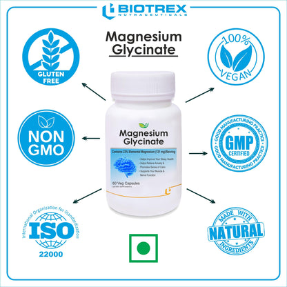 Biotrex Nutraceuticals Magnesium Glycinate | Highest Bioavailability | Cramps, Sleep & Mood balance | Chelated Form With Superior Absorption | Muscle Recovery & Nerve Function | 60 Veg Capsules