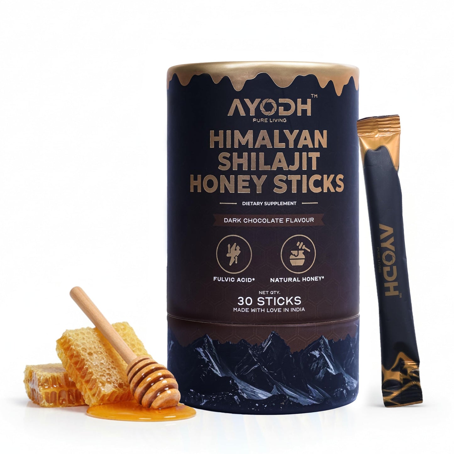 AYODH Himalayan Shilajit Honey Sticks Dark Chocolate Flavor (30 Count) | 75 Fulvic Acid Trace Minerals | Natural Energy Immunity Boost | Pack of 2