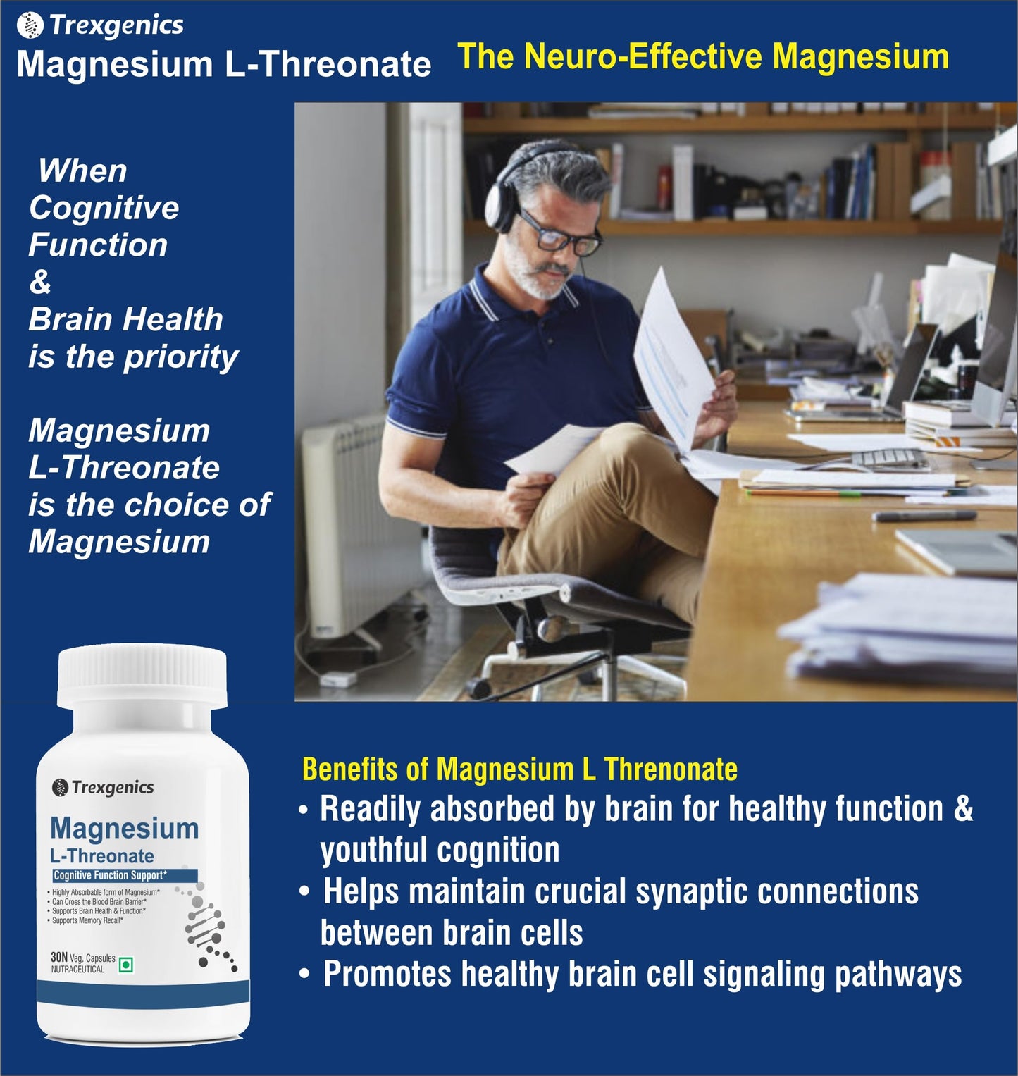 Trexgenics Magnesium L Threonate Cognitive Function & Brain Health Support (90 Veg. Capsules)