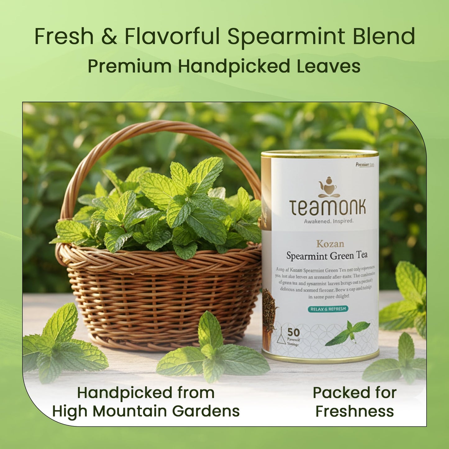 Teamonk Kozan High Mountain Spearmint Green Tea (50 Biodegradable Pyramid Bags) | Premium PCOS Tea For Women | Rectifies Hormonal Balance, Acne & Facial Hair | Helps Stress Relief & Memory