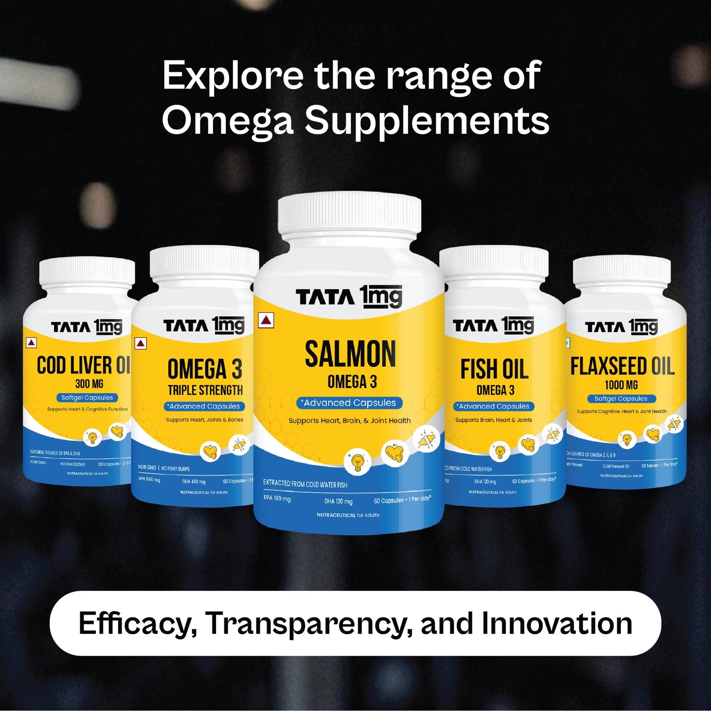 TATA 1mg Triple Strength Omega 3 Fish Oil Capsules 1250mg | 560mg EPA & 400mg DHA - High Strength Omega 3 | For muscle recovery, heart & joints | Pack of 90