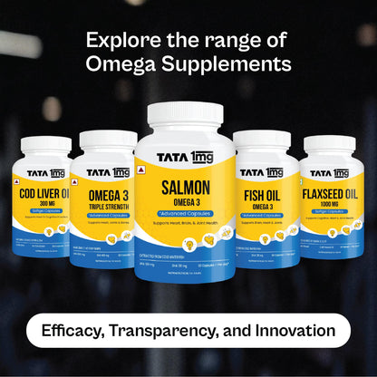 TATA 1mg Triple Strength Omega 3 Fish Oil Capsules 1250mg | 560mg EPA & 400mg DHA - High Strength Omega 3 | For muscle recovery, heart & joints | Pack of 90