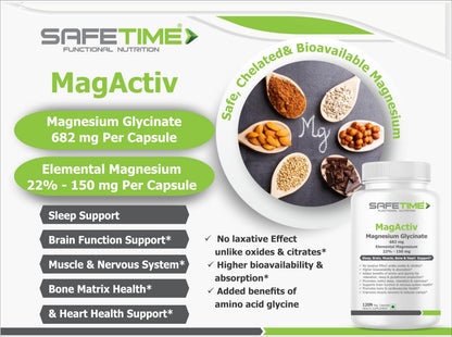 SAFETIME MagActiv MAGNESIUM GLYCINATE (Elemental Magnesium 150 mg per Capsule) Chelated, Bioavailable & Safe Sleep, Bone, Muscle, Heart Health (120x3 Pack= 360 Veg. Capsules)