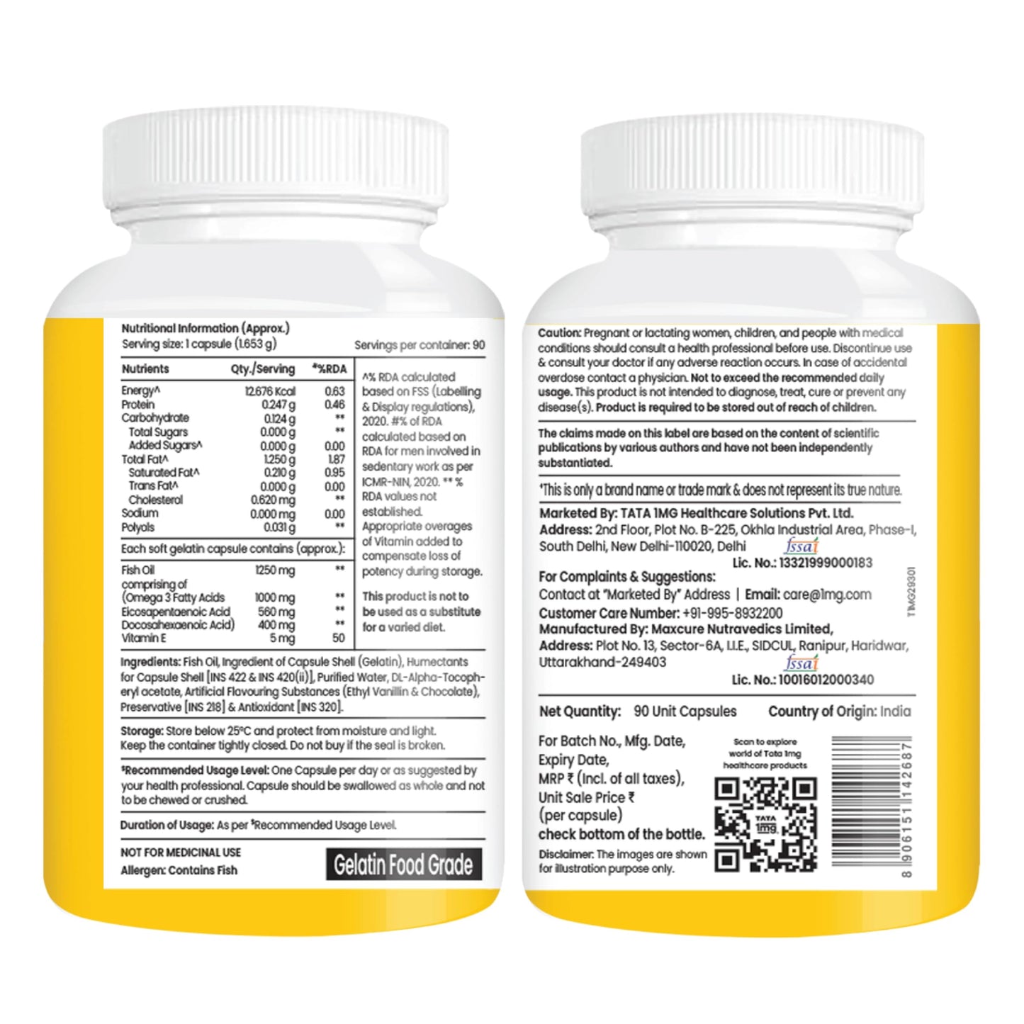 TATA 1mg Triple Strength Omega 3 Fish Oil Capsules 1250mg | 560mg EPA & 400mg DHA - High Strength Omega 3 | For muscle recovery, heart & joints | Pack of 90