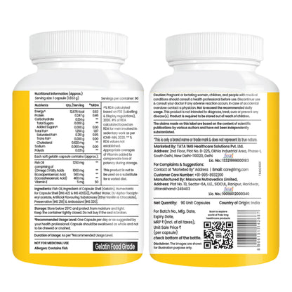 TATA 1mg Triple Strength Omega 3 Fish Oil Capsules 1250mg | 560mg EPA & 400mg DHA - High Strength Omega 3 | For muscle recovery, heart & joints | Pack of 90