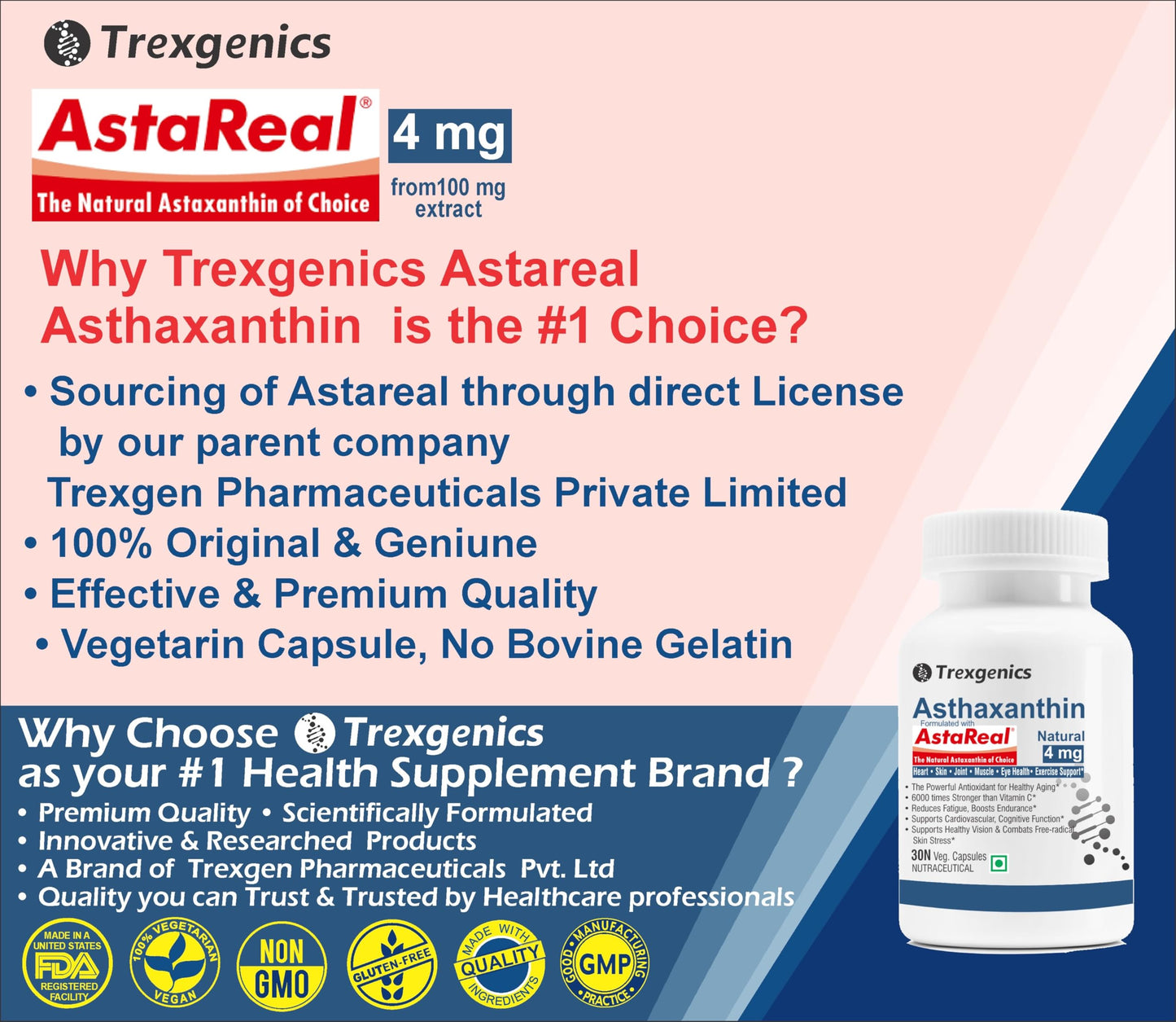 Trexgenics ASTAREAL Natural ASTAXANTHIN 4 mg from Japan (from 100 mg extract) Heart, Skin,Joint, Muscle, Eye, Exercise Support (30 Veg. Capsules) (30 Veg Capsules)