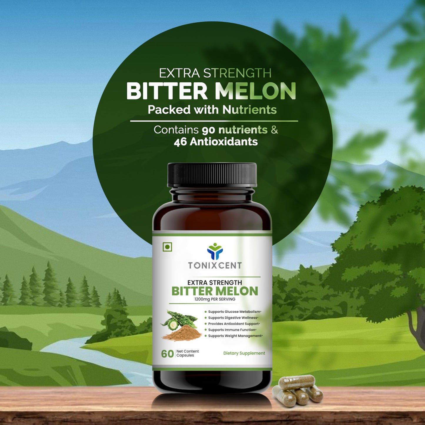 TONIXCENT Digestive Wellness Pair | Garlic 650mg & BitterMelon 1200mg Capsules | Regulates Blood Sugar, Supports Heart & Immunity | 60+60 Vegan Capsules