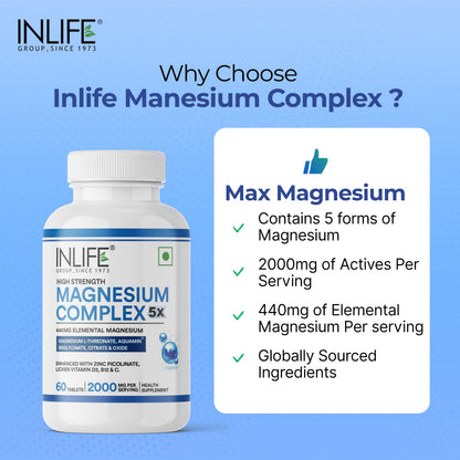 INLIFE Magnesium Complex 2000mg, 5x Salts Glycinate L-Threonate Citrate, Zinc Vitamin C D3 B12, Muscle Nerve & Energy, 60 Tablets (Pack of 1)