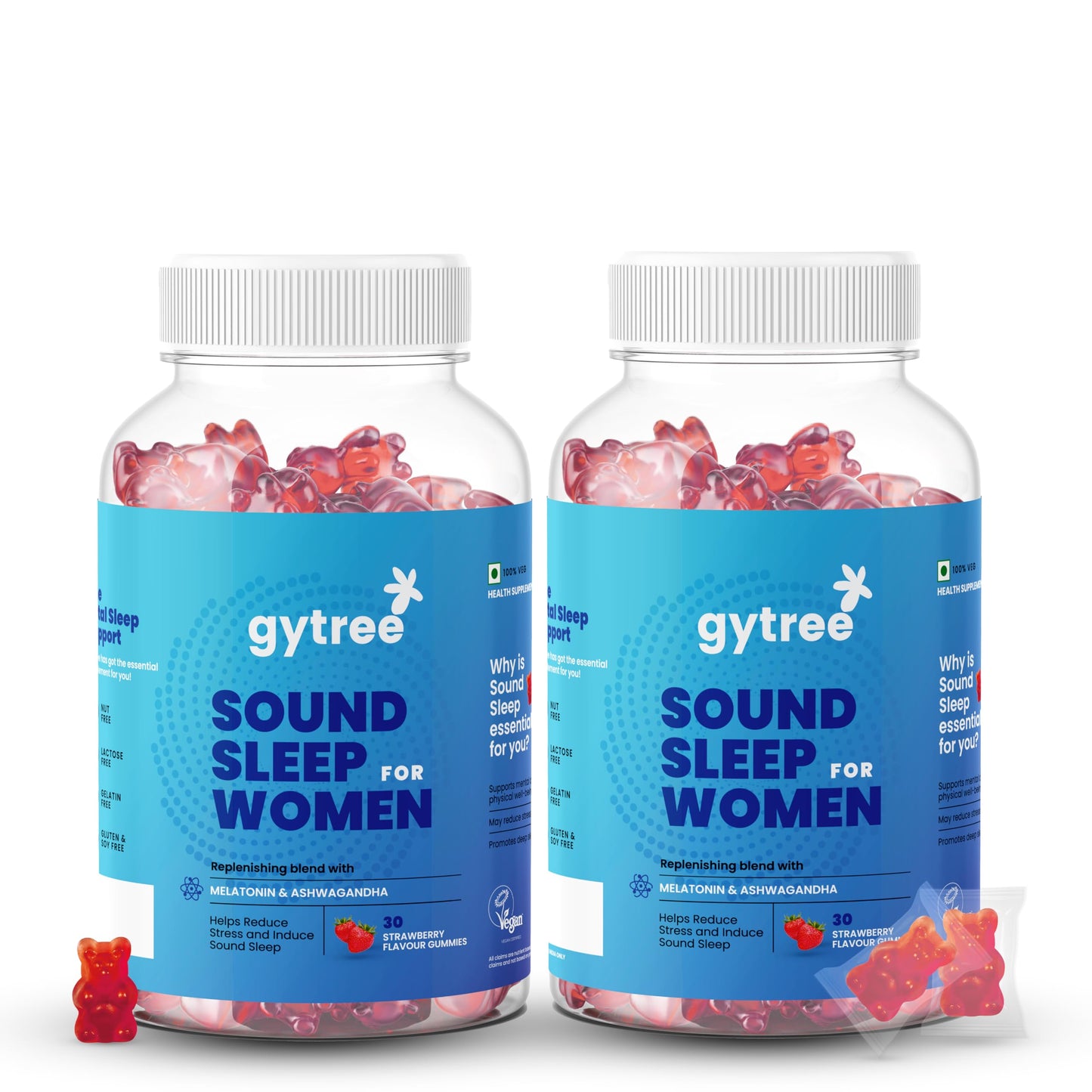 Gytree Sound Sleep Gummies for Women with Melatonin & Ashwagandha | Non-Addictive Sleep Gummies | Improves Sleep, Relaxes Nerves & Busts Stress | Sleep Supplement | Strawberry Flavour (Pack of 60)