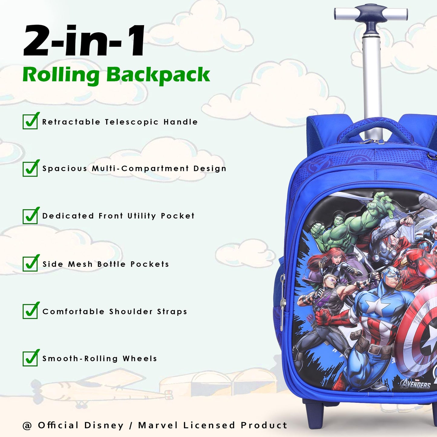 NOVEX Marvel Avengers Kids 17 Inch School Backpack Combo Set - Lunch Box Bag & Stationery Pouch | Trolley Bag with 2 Wheels | Durable Polyester Carry-on Travel & School Bag for Boys - Blue