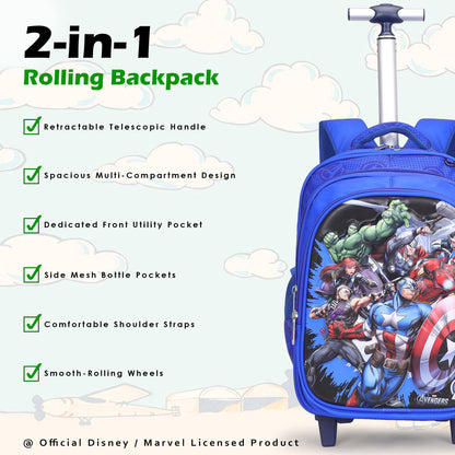 NOVEX Marvel Avengers Kids 17 Inch School Backpack Combo Set - Lunch Box Bag & Stationery Pouch | Trolley Bag with 2 Wheels | Durable Polyester Carry-on Travel & School Bag for Boys - Blue