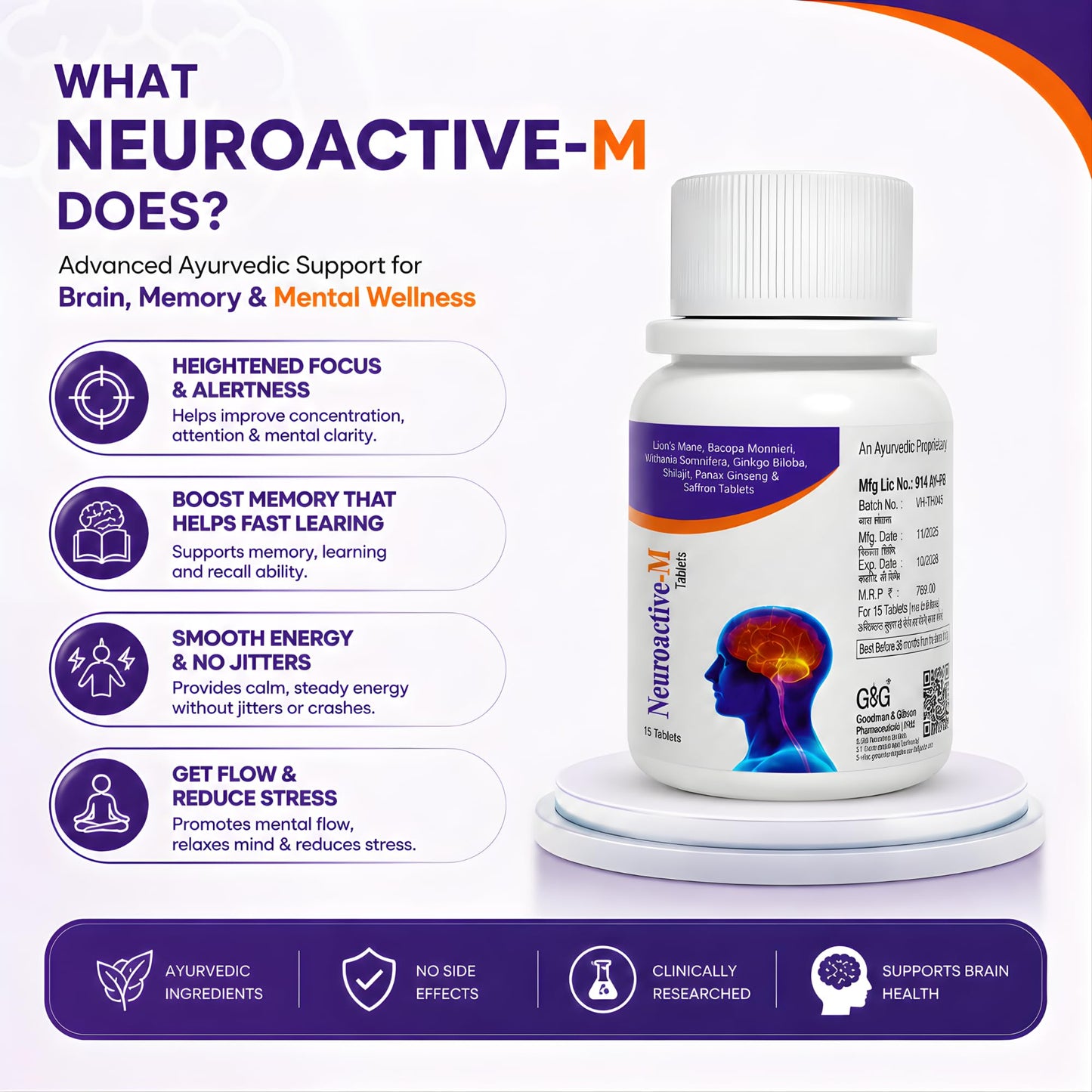 Neuroactive-M Supports Brain Health, Focus, Memory Booster for Adolescent, Students & Adults, Mental Clarity, Sleep Disorder, Depression and Anxiety, Dementia, Nervous Injury, Post Stroke 15 tablets