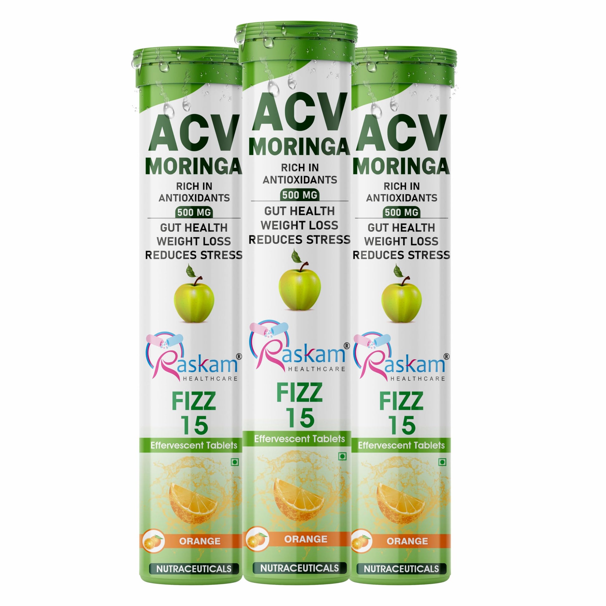Raskam ACV Moringa 500mg Effervescent Tablets – Orange, 15 Tablets x 3, Pack of 3