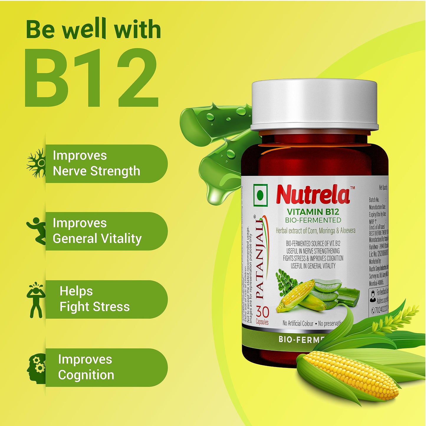 Nutrela Vitamin B12 Biofermented Plant Based Supplement for Men & Women with Moringa and Aloevera Extract - 30 Veg Capsules