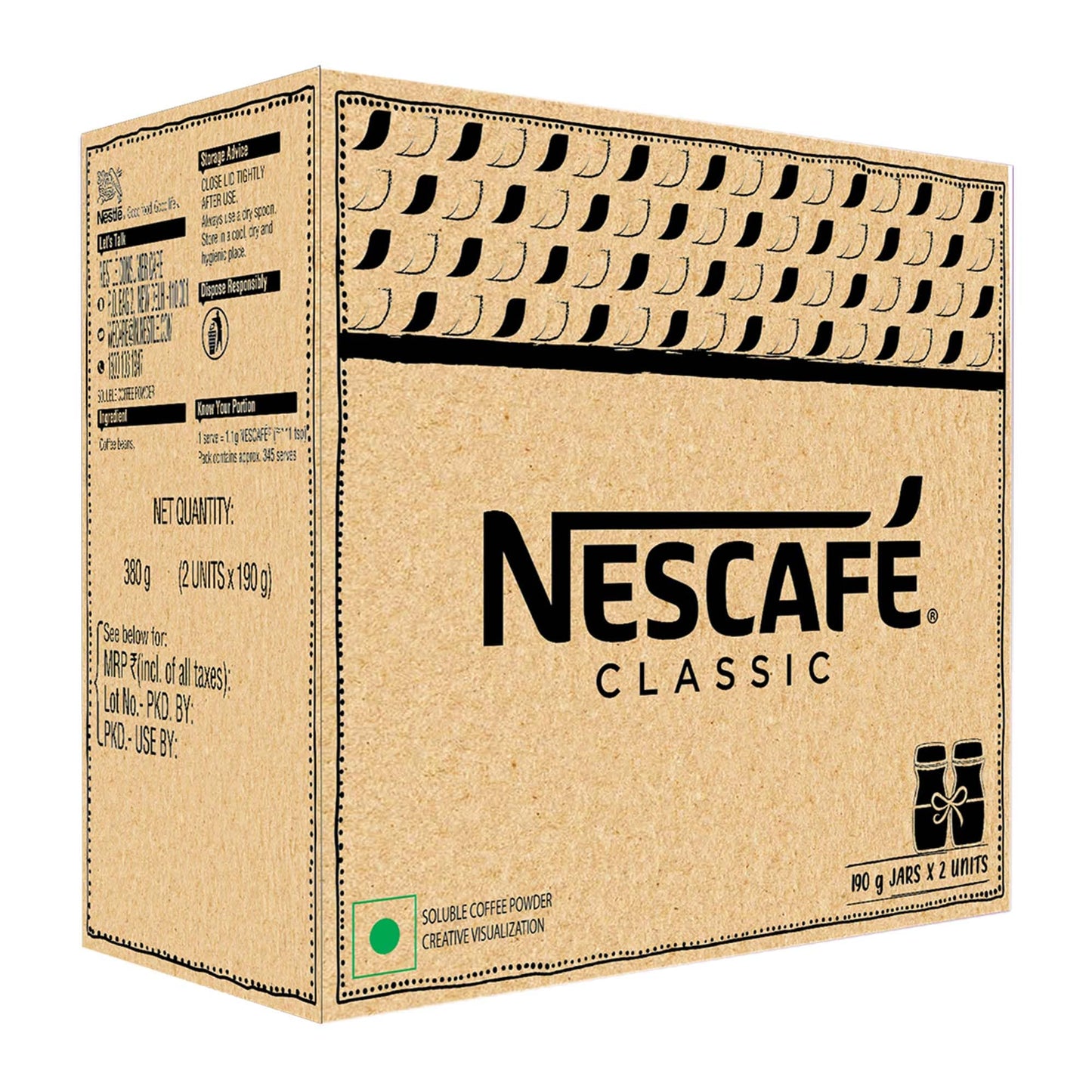 NESCAFE Classic Instant Coffee Powder | Great start to your morning | 100% Pure Coffee | 380g (2 units x 190g) Jar