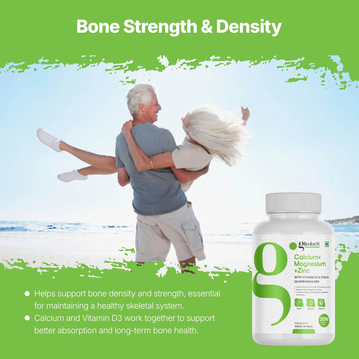 GLIMLACH Calcium Magnesium Zinc with Vitamin D3 | Nutrient Tablets for Men and Women | Combination of Minerals and Vitamin D3 Tablets | Mineral and Vitamin Tablet Pack | 50 Tablets Pack