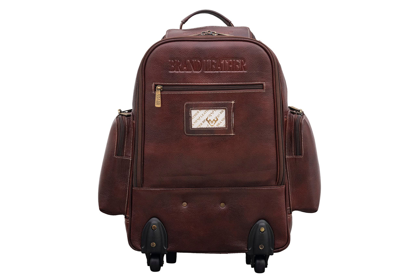 BRAND LEATHER Rolling Backpack Wheeled Laptop Backpack for Travel, Trolley Luggage Suitcase Compact Business Bag Student Laptop Bag for Men Women (BROWN)