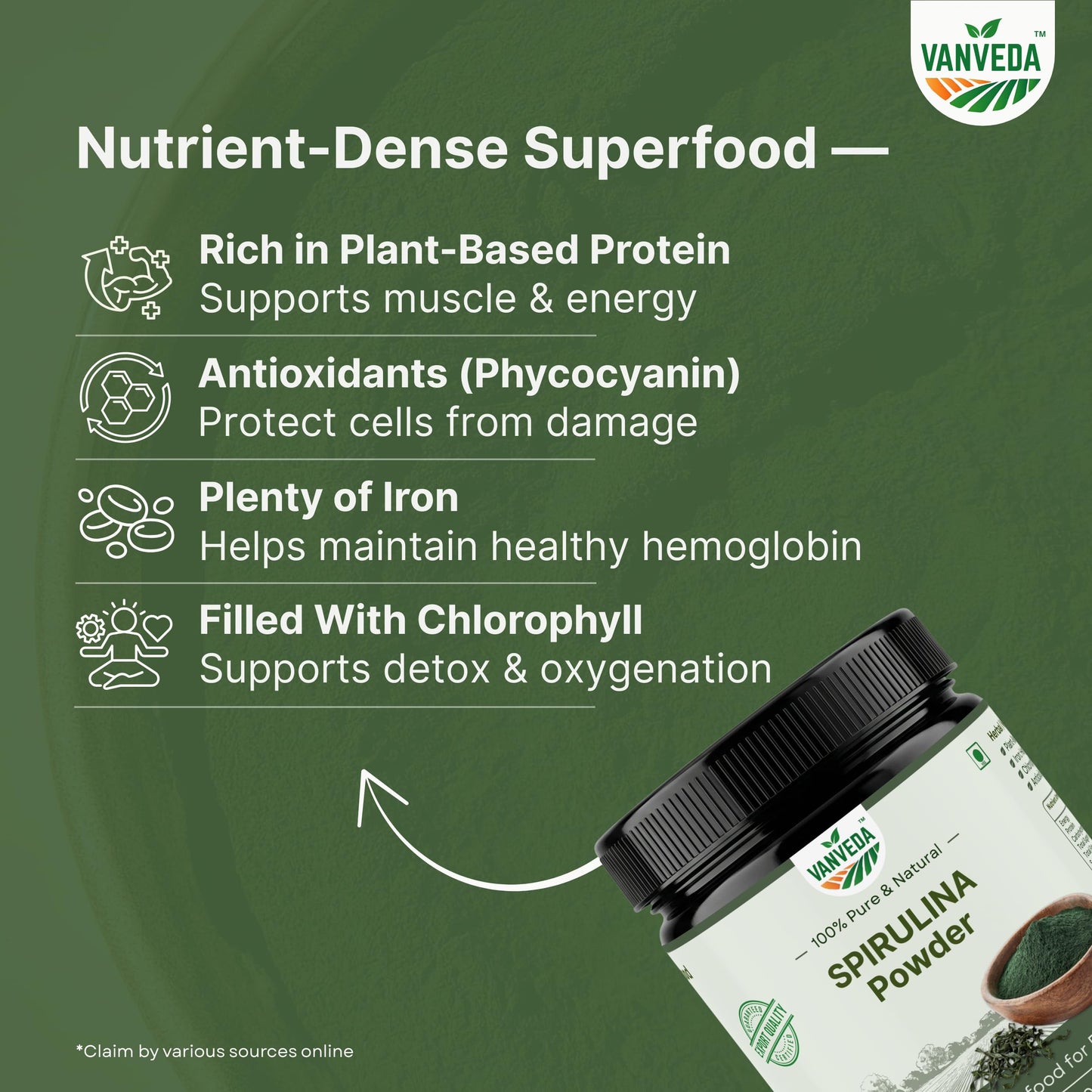 Vanveda 100% Organic Spirulina Powder | For Men & Women | Natural Superfood | Supports Energy, Immunity & Detox | Rich in Iron, Calcium, Potassium - 100GM