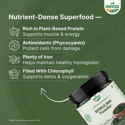 Vanveda 100% Organic Spirulina Powder | For Men & Women | Natural Superfood | Supports Energy, Immunity & Detox | Rich in Iron, Calcium, Potassium - 100GM