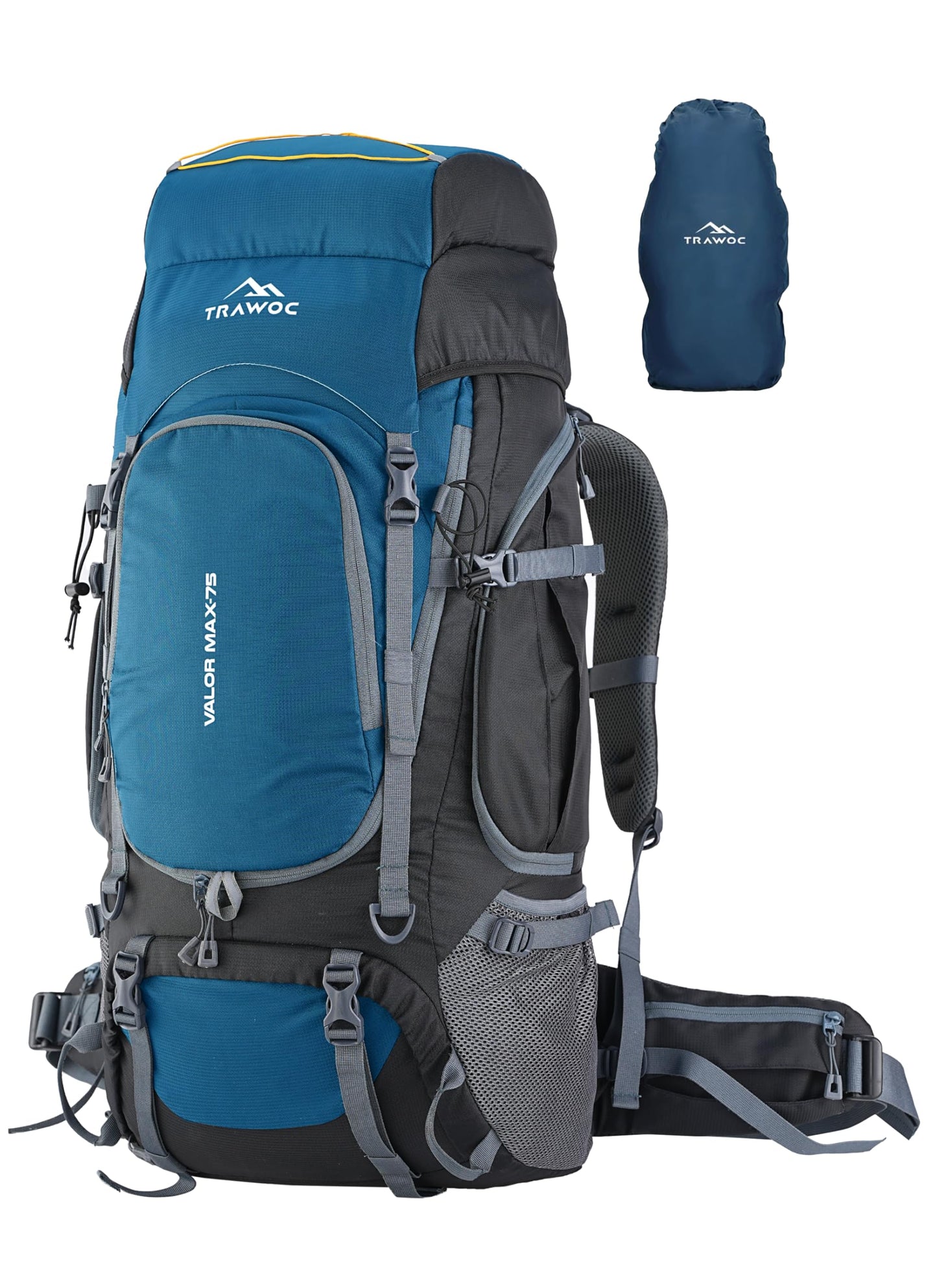 TRAWOC VALOR MAX 75 Ltr Travel Backpack Camping Hiking Trekking Bag Rucksack for Men & Women with Rain Cover/Shoe Compartment, English Blue, 3 Year Warranty