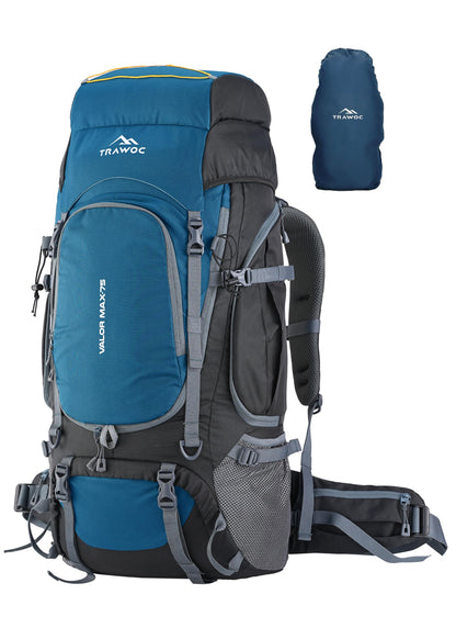 TRAWOC VALOR MAX 75 Ltr Travel Backpack Camping Hiking Trekking Bag Rucksack for Men & Women with Rain Cover/Shoe Compartment, English Blue, 3 Year Warranty