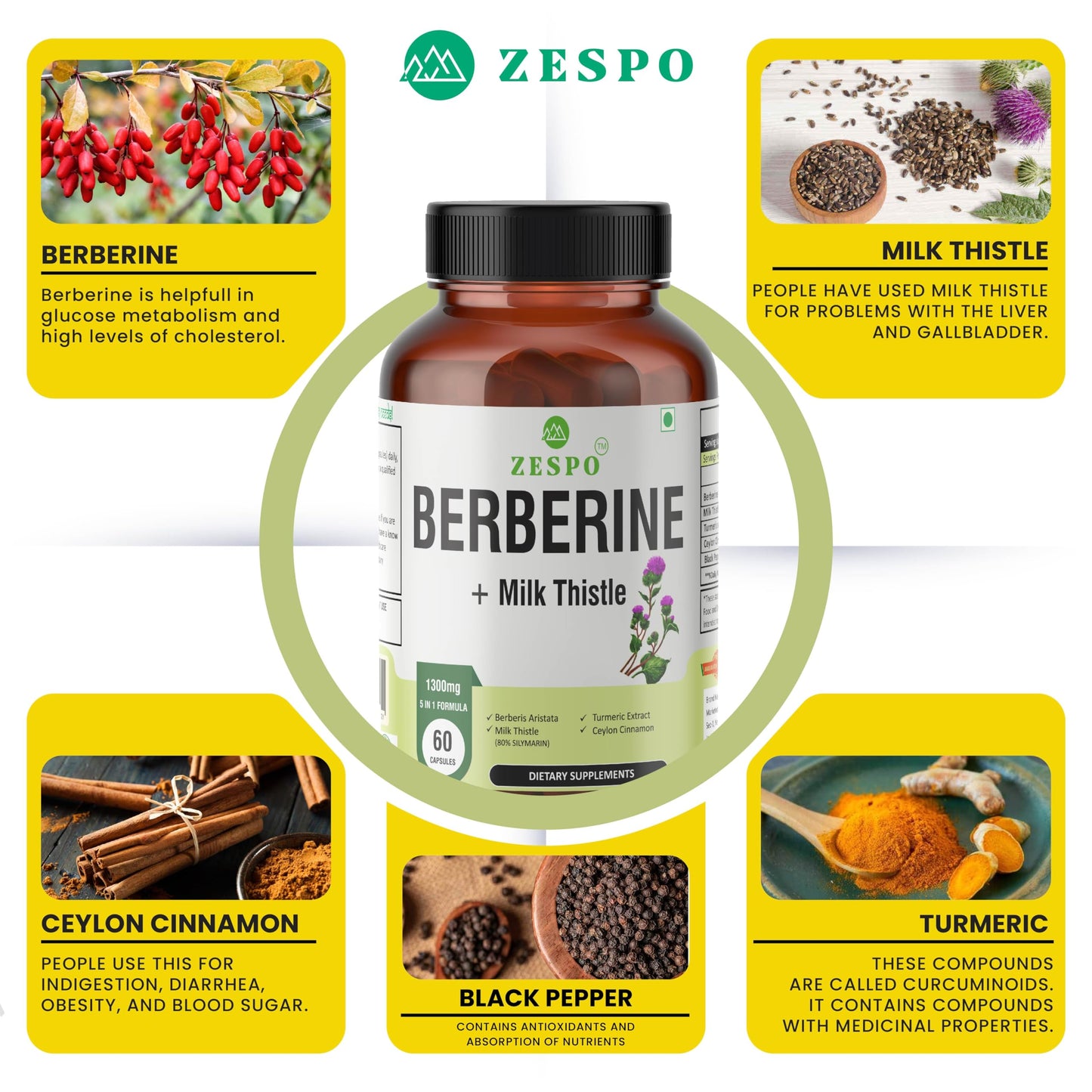 Zespo BERBERINE - Enhanced Formula with Milk Thistle, Turmeric & Cinnamon for Metabolic and Liver Support