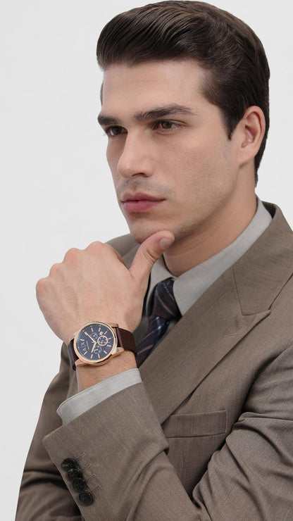 Armani Exchange Leather Outerbanks Analog Blue Dial Men Watch-Ax2508, Brown Band