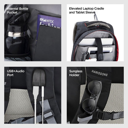 HARISSONS Sirius Travel Laptop Backpack | 45L | Fits 15.6” Laptop | Heavy-Duty Build | USB & Audio Port, Multi-Level Organizer, Trolley Sleeve | Work, Travel & College (black)