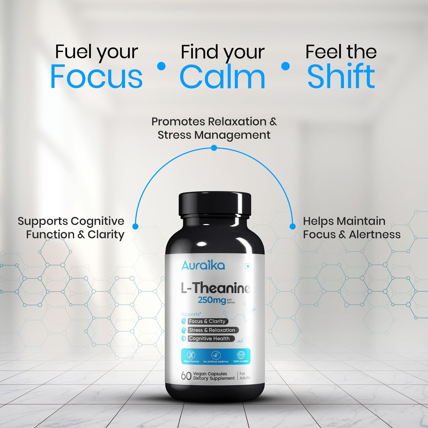 Auraika L Theanine Supplement 250mg – 60 Capsules | Stress Support, Relaxation & Focus | Non-Drowsy Calm with Vitamin B6 | Supports Brain Health & Cognitive Function