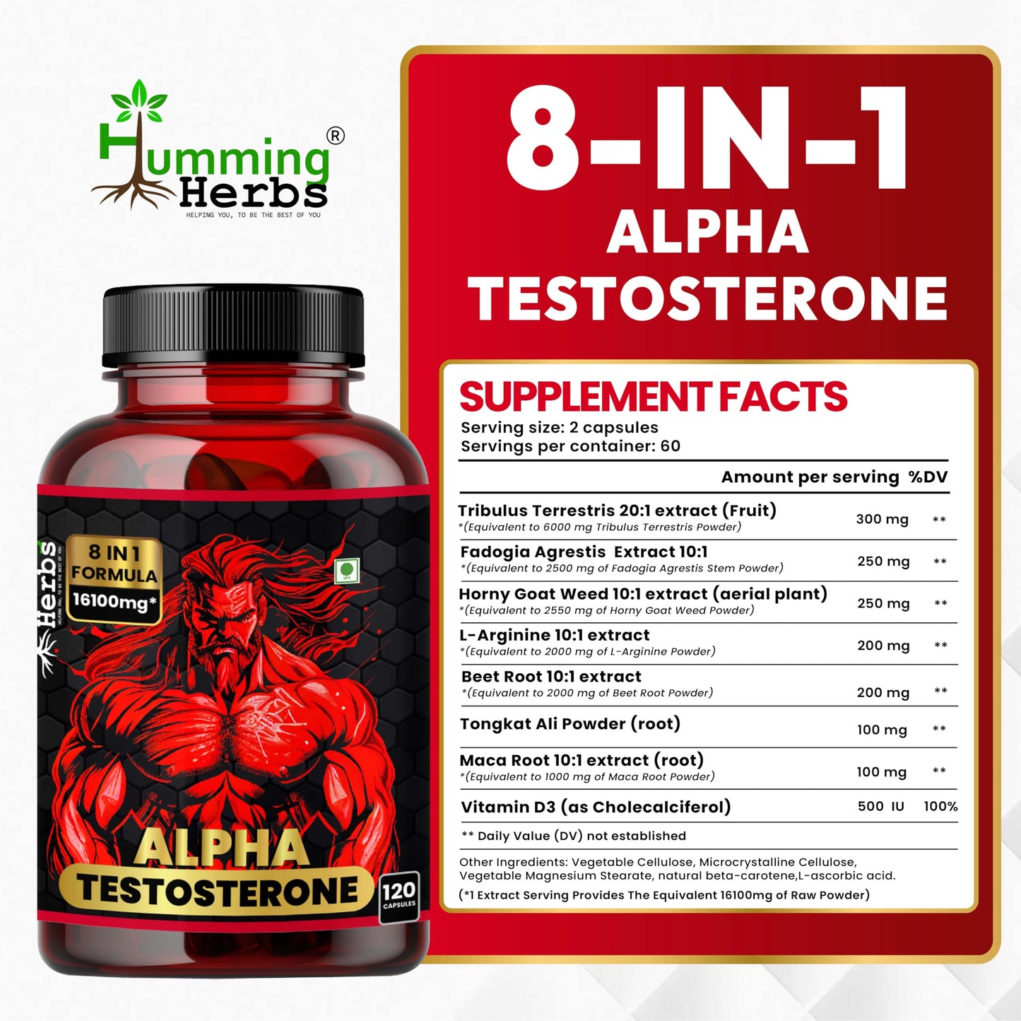 Humming Herbs Alpha Testosterone Supplement – Tribulus, Fadogia Agrestis, Epimedium (Horny Goat Weed), L‑Arginine, Beet Root, Tongkat Ali, Maca & Vitamin D3 – 120 Vegan Capsules (60 Servings)