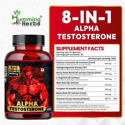 Humming Herbs Alpha Testosterone Supplement – Tribulus, Fadogia Agrestis, Epimedium (Horny Goat Weed), L‑Arginine, Beet Root, Tongkat Ali, Maca & Vitamin D3 – 120 Vegan Capsules (60 Servings)
