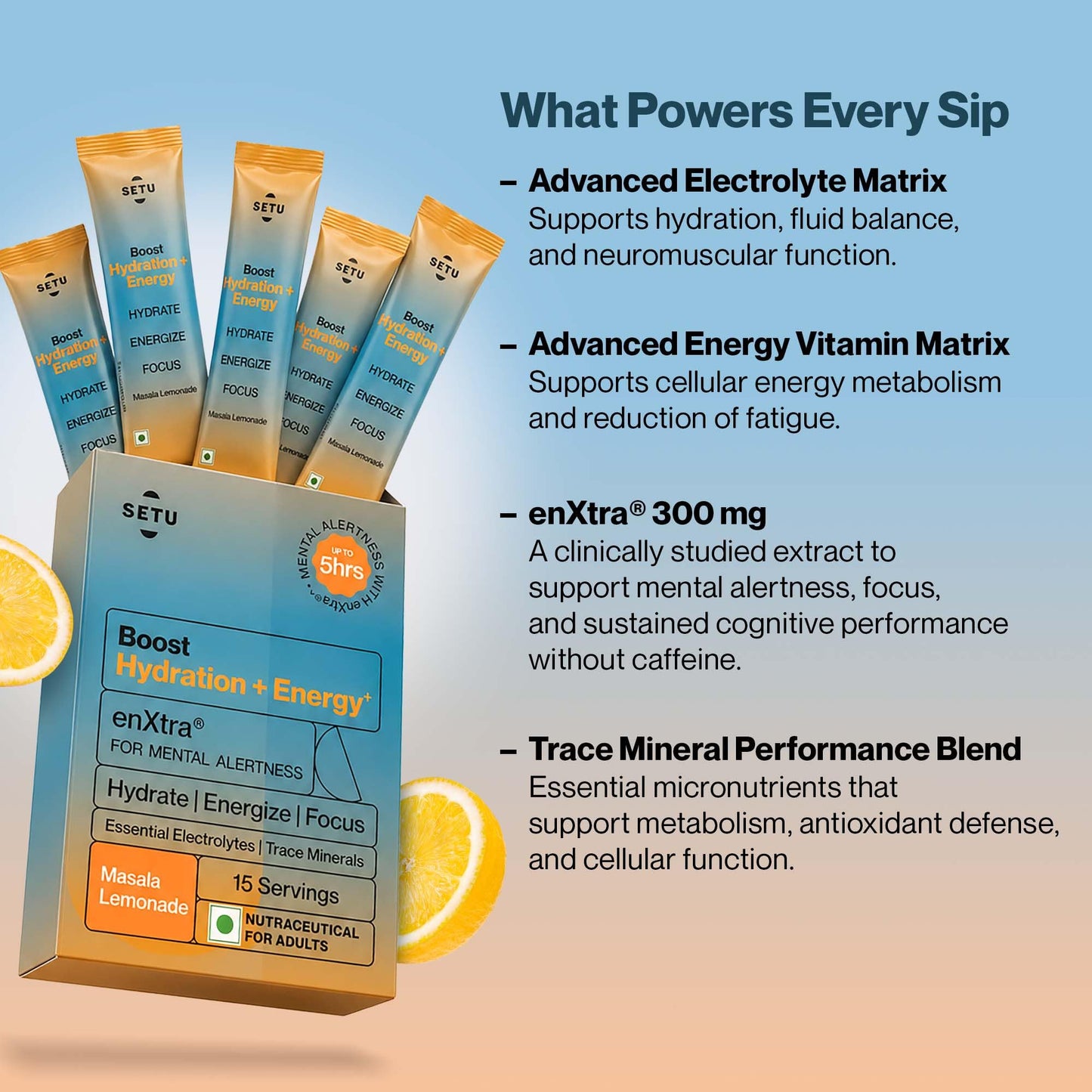 Setu Boost Hydration + Energy Electrolyte Powder Sachets with No Caffeine | Enriched with enXtra® | Masala Lemonade Flavor | Pack of 4 | 60 Sachets