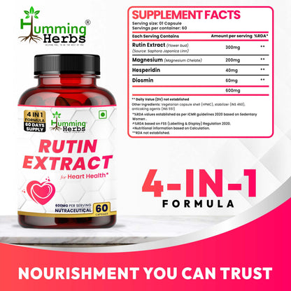 Humming Herbs Rutin 600mg Capsules - Vessel Support & Heart Health Formula with Anti-Inflammatory Benefits- 60 Capsules