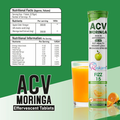 Raskam ACV Moringa 500mg Effervescent Tablets – Orange, 15 Tablets x 3, Pack of 3