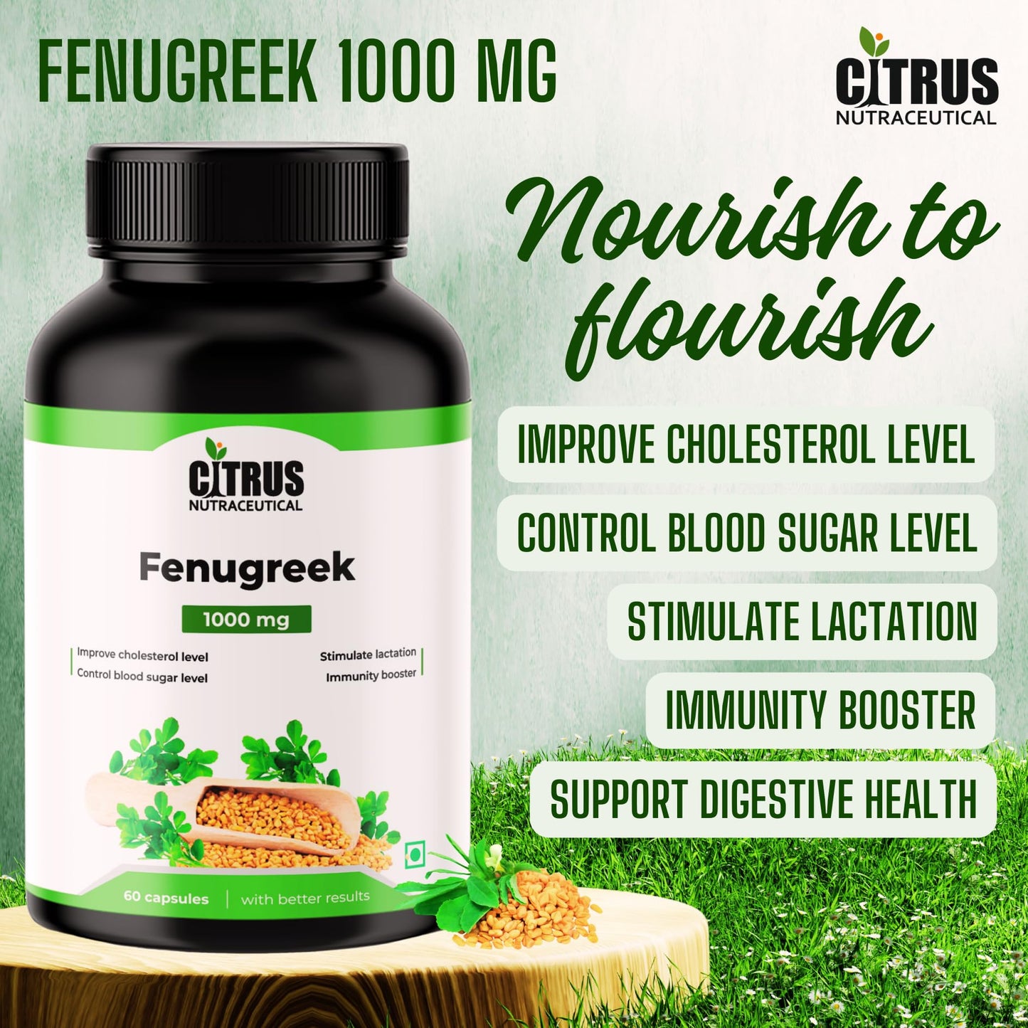 CITRUS NUTRACEUTICAL Fenugreek Seed Extract Supplement 1000 mg For Improve Digestion, Regulate Blood Sugar Level, Increase Lactation and Cardiovascular Support – 60 Capsule (Pack of 2)