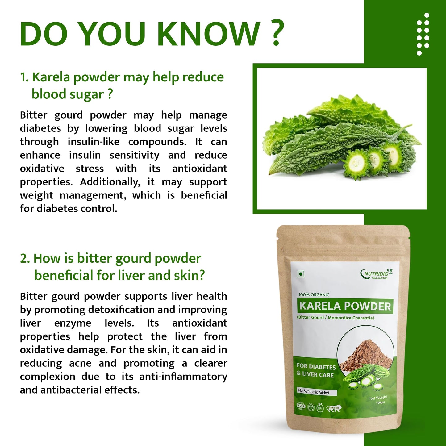 Nutridig Healthcare 100% Natural Karela (Bitter Gourd) Powder, 100gm, Cleanses Liver & Managed Blood Sugar Level | Rich in Antioxidants, Vitamins and Minerals - Diabetes Care Powder