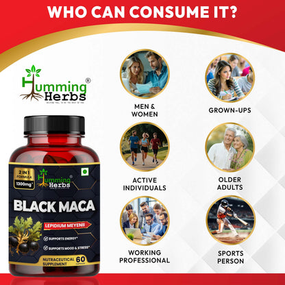 Humming Herbs Black Maca Root Extract 1300mg - Boosts Energy & Stamina, Supports Mood & Hormonal Balance - Men's & Women's Health Supplement